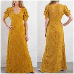Shabby Chic Sz XS Mustard Yellow Gold Chenille Velvet Lace Maxi Dress NWT NEW